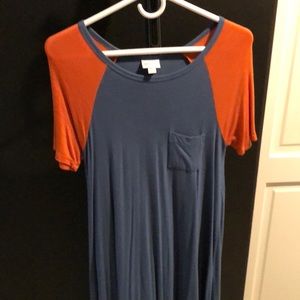 Lularoe Carly dress blue with orange sleeves